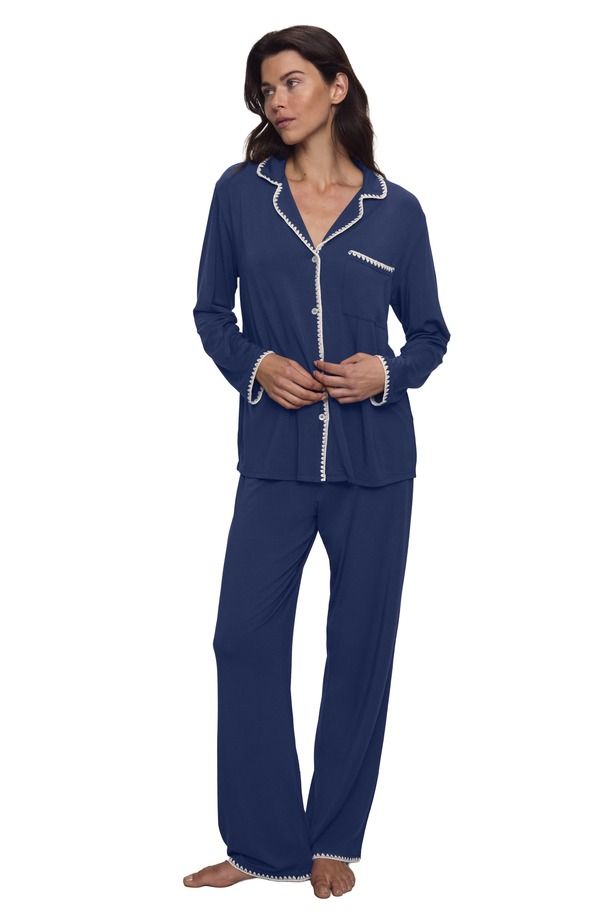 エバージェイ レディース アンダーウェア ナイトウェア コントラスト ニット Eberjey Frida Contrast Embroidery Knit Pajamas Navy Ivory アイボリー