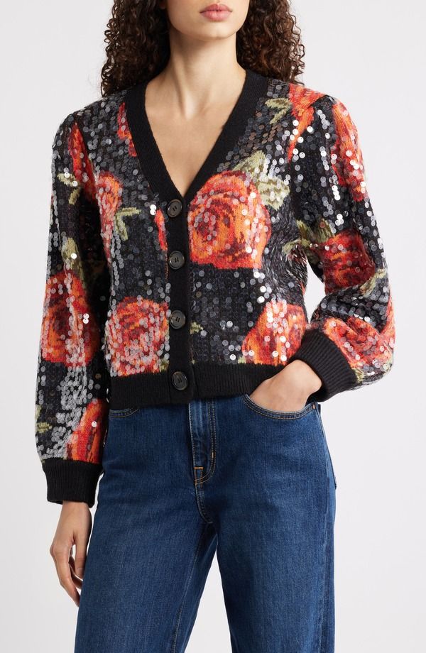 ファーム レディース アウター パーカー・スウェット スパンコール カーディガン ニット FARM Rio Latin Rosesequin Knit Cardigan Black ブラック
