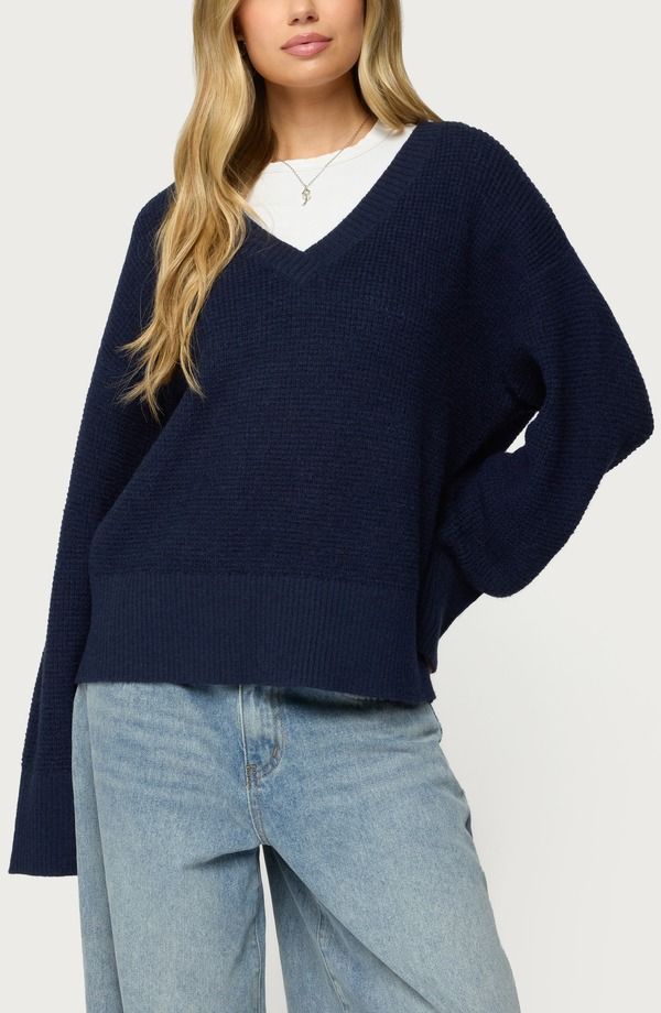 アディクテッド レディース アウター パーカー・スウェット Vネック セーター ニット EDIKTED Bluebell Oversize VNeck Waffle Knit Sweater Navy ネイビー