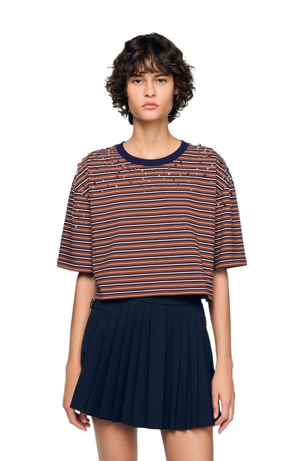 サンドロ レディース トップス Tシャツ SANDRO Striped rhinestone Tshirt Brown Deep Blu ブラウン