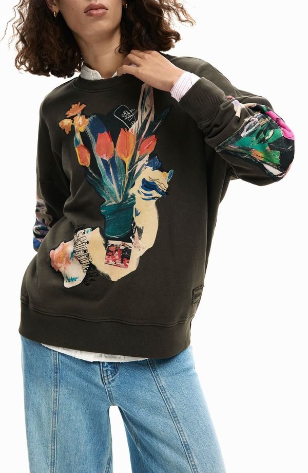 デジグアル レディース アウター パーカー・スウェット フラワー柄 シャツ コットン フラワー グラフィック Desigual Abstract Floral Cotton Graphic Sweatshirt Dark Grey グレー