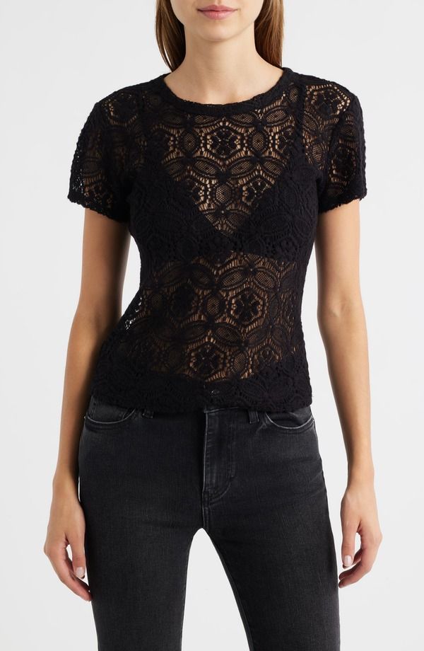 フレーム レディース トップス Tシャツ レース FRAME The Lace TShirt Black ブラック
