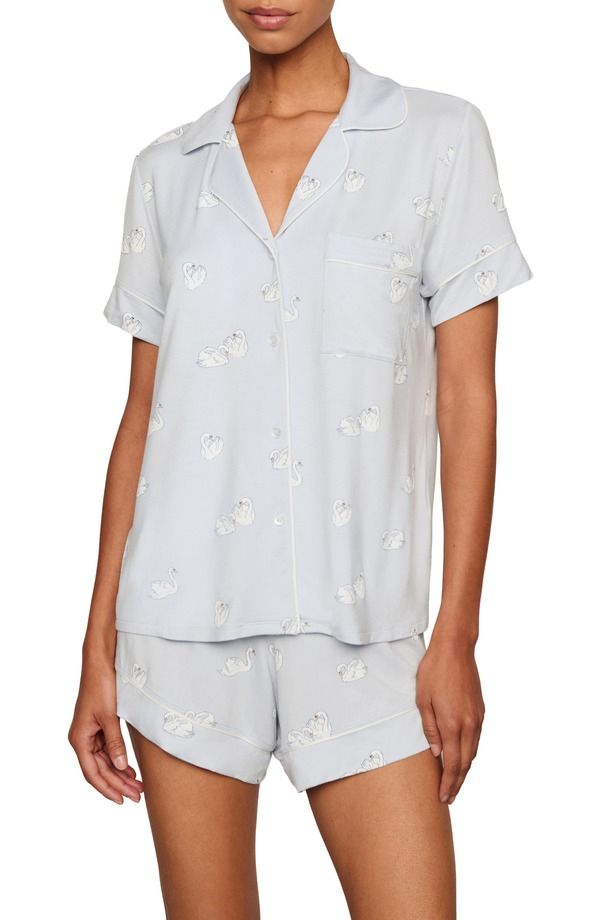 エバージェイ レディース アンダーウェア ナイトウェア プリント ニット ジャージー Eberjey Gisele Printed Relaxed Jersey Knit Short Pajamas Large Swans Ice Bue Ivory アイボリ