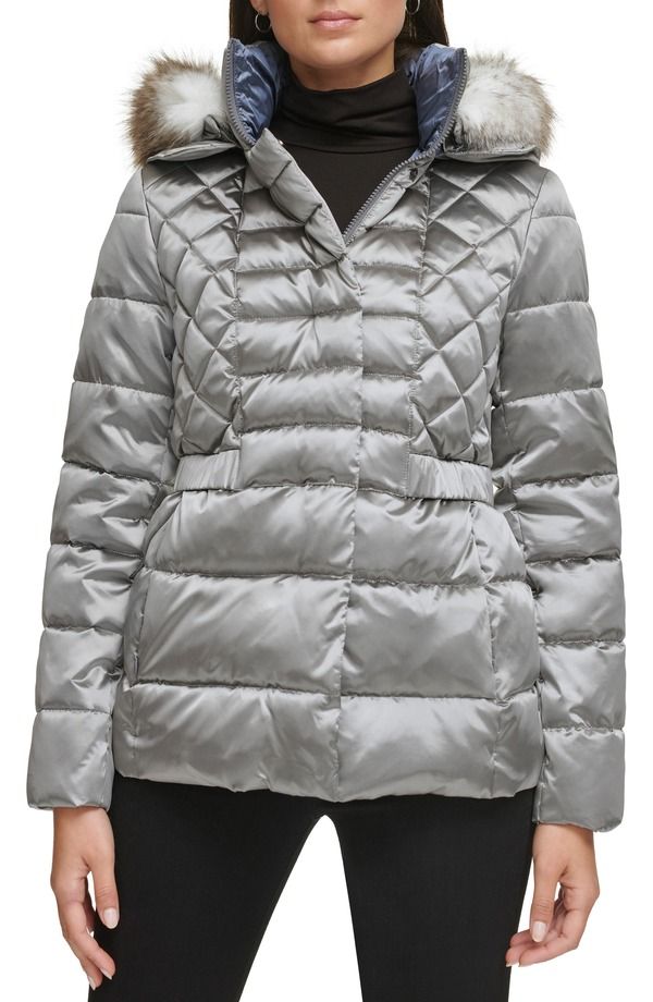 ケネスコール レディース アウター ジャケット・ブルゾン Kenneth Cole New York Core Mixed Puffer Jacket with Faux Fur Trim Gunmetal ガンメタル