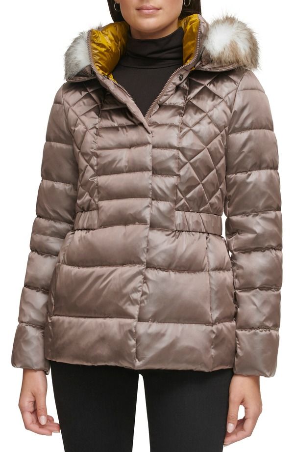 ケネスコール レディース アウター ジャケット・ブルゾン Kenneth Cole New York Core Mixed Puffer Jacket with Faux Fur Trim Taupe トープ