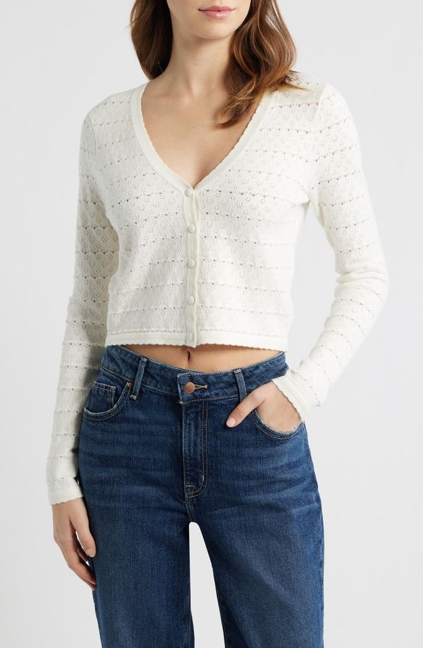 オールインフボール レディース アウター パーカー・スウェット Vネック カーディガン All in Favor Pointelle VNeck Crop Cardigan Ivory アイボリー