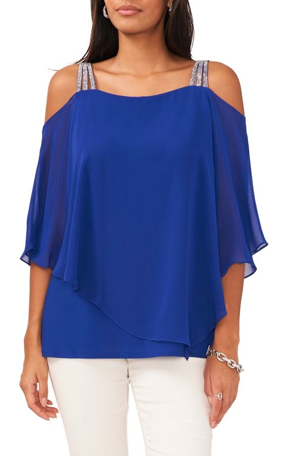 チャウス レディース トップス シャツ ブラウス Chaus Rhinestone Cold Shoulder Blouse Goddess Blue ブルー