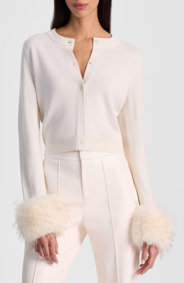 アリス アンド オリビア レディース アウター パーカー・スウェット ウール カーディガン Alice Olivia Dollie Faux Fur Cuff Wool Cardigan Soft White ホワイト