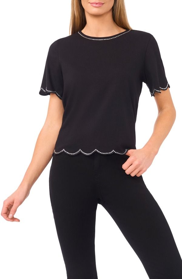 セセ レディース トップス シャツ ジャージー CeCembellished Scalloped Trim Jersey Top Rich Black ブラック