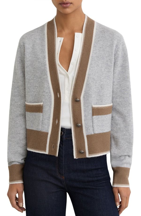 レイス レディース アウター パーカー・スウェット ウール カーディガン Reiss Louisa Tipped Wool Cashmere Cardigan Grey Neutral グレー