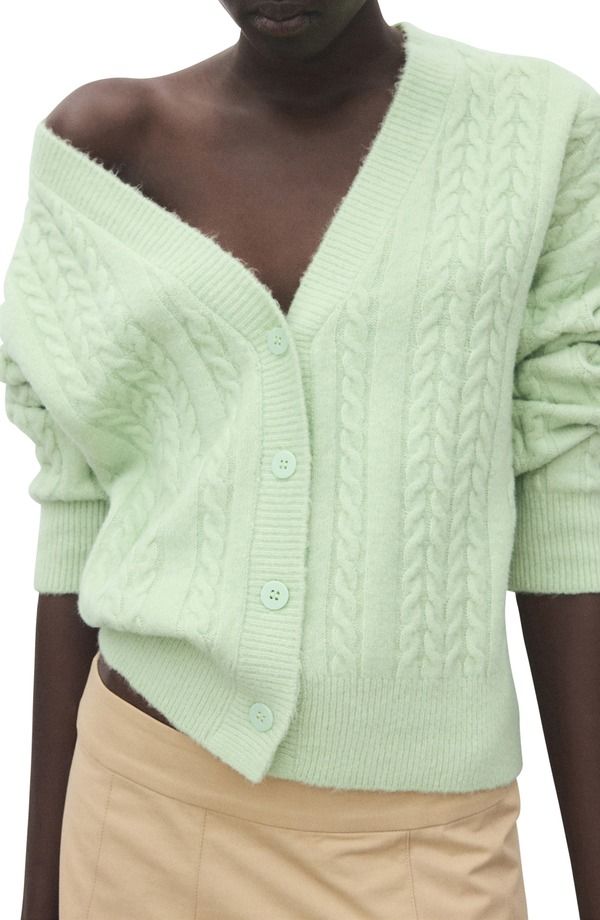 マンゴ レディース アウター パーカー・スウェット Vネック カーディガン MANGO Cable VNeck Cardigan Pastel Green グリーン