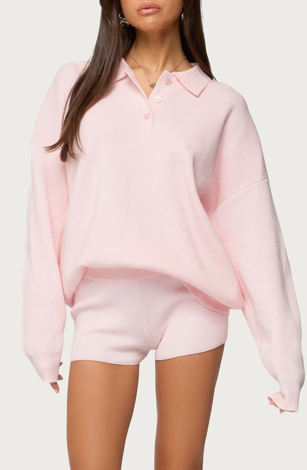 アディクテッド レディース トップス ポロシャツ EDIKTED Lorie Oversize Long Sleeve Polo LightPink ピンク