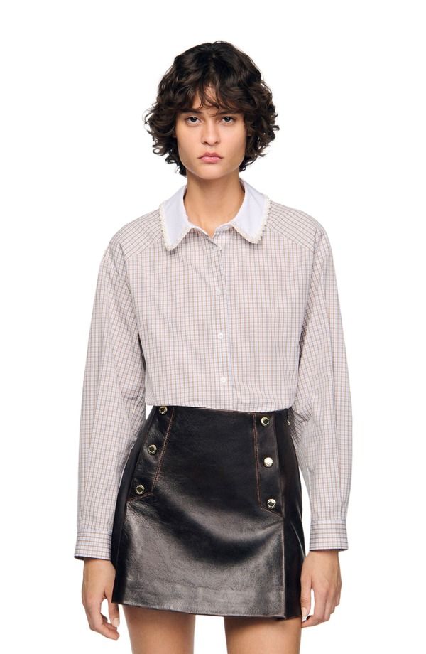 サンドロ レディース トップス シャツ SANDRO Plaid and pearl collar shirt Beige White ホワイト