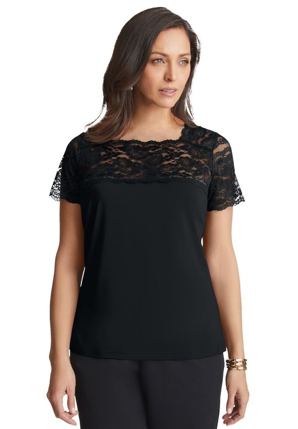 ジェシカロンドン レディース トップス シャツ レース Jessica London Stretch Lace Neckline Top Black ブラック