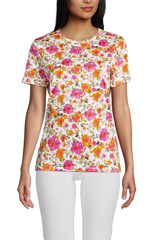 ランズエンド レディース トップス Tシャツ クルーネック コットン Lands End Supima Cotton Crewneck TShirt White Multi Painted Blooms ホワイト