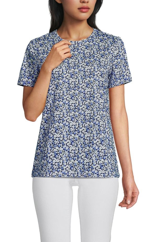 ランズエンド レディース トップス Tシャツ クルーネック コットン Lands End Supima Cotton Crewneck TShirt NavyClear Blue Ditsy Floral ネイビー