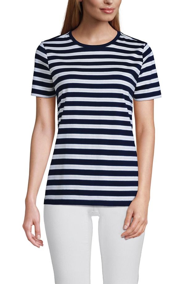 ランズエンド レディース トップス Tシャツ クルーネック コットン Lands End Supima Cotton Crewneck TShirt Deep SeaBlue Multi Stripe ブルー