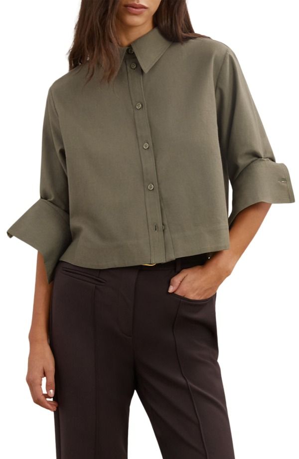 レイス レディース トップス シャツ ウール コットン Reiss Caylan Cotton Wool Crop ButtonUp Shirt Khaki Green グリーン
