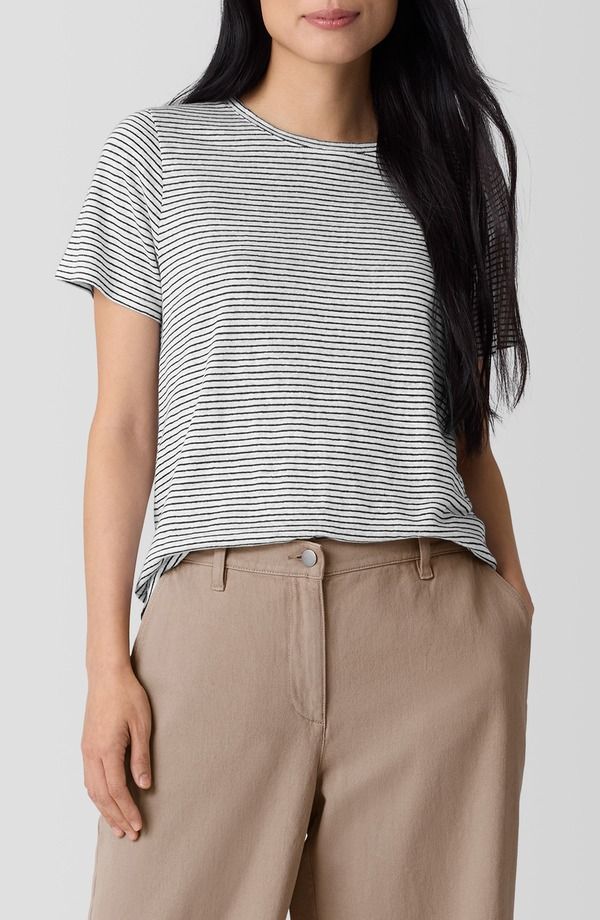 エイリーンフィッシャー レディース トップス Tシャツ リネン Eileen Fisher Stripe Organic Linen TShirt White Black ホワイト