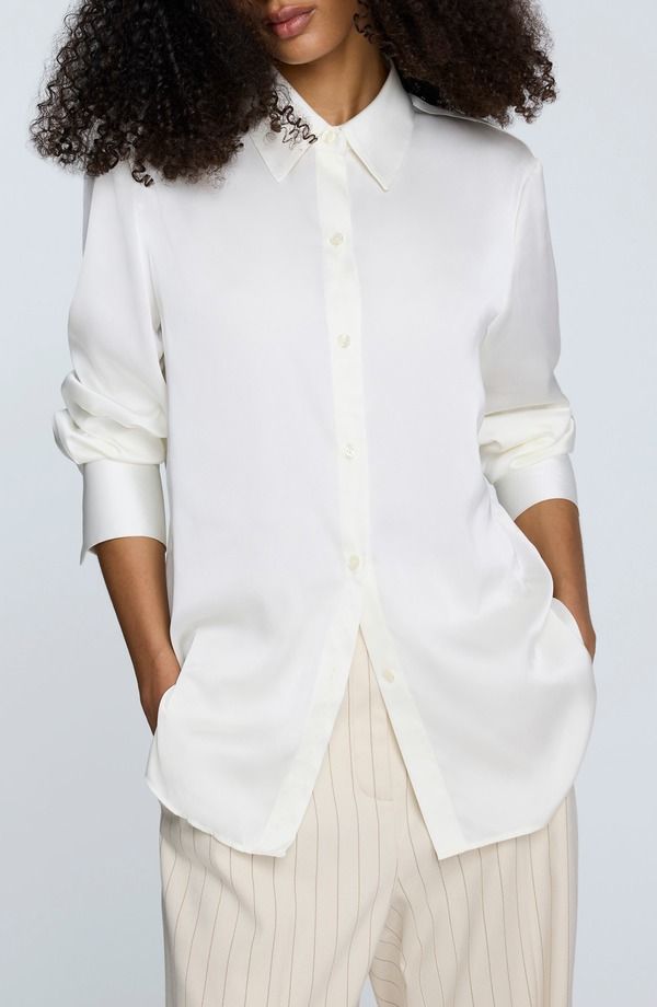 ケネスコール レディース トップス シャツ リラックスフィット サテン Kenneth Cole Relaxed Fit Stretch Satin ButtonUp Shirt Oyster