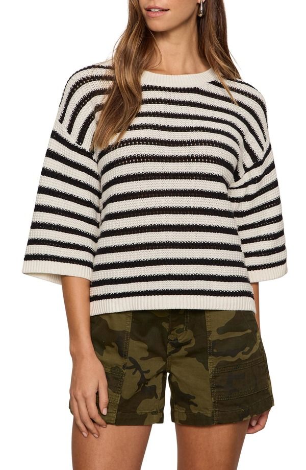サンクチュアリー レディース アウター パーカー・スウェット セーター ニット Sanctuary Elle Stripe Crochet Knit Sweater Black Chalk White ホワイト