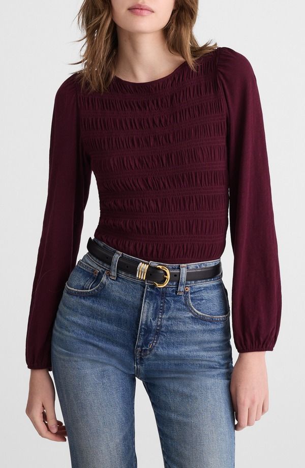 メイドウェル レディース トップス シャツ シャーリング コットン Madewell Smocked Boat Neck Long Sleeve Cotton Top Dark Pomegranate