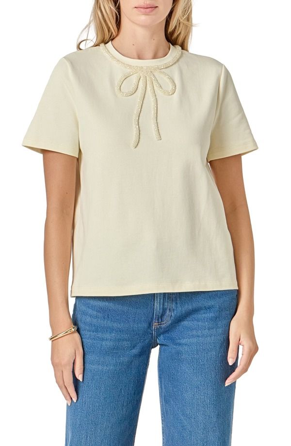 イングリッシュファクトリー レディース トップス Tシャツ コットン English Factory Beaded Bow Cotton TShirt Cream クリーム
