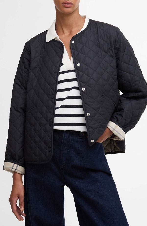 バブアー レディース アウター ジャケット・ブルゾン キルティング Barbour Cashel Collarless Quilted Jacket Dark Navy Dress Navy Tartan ネイビー