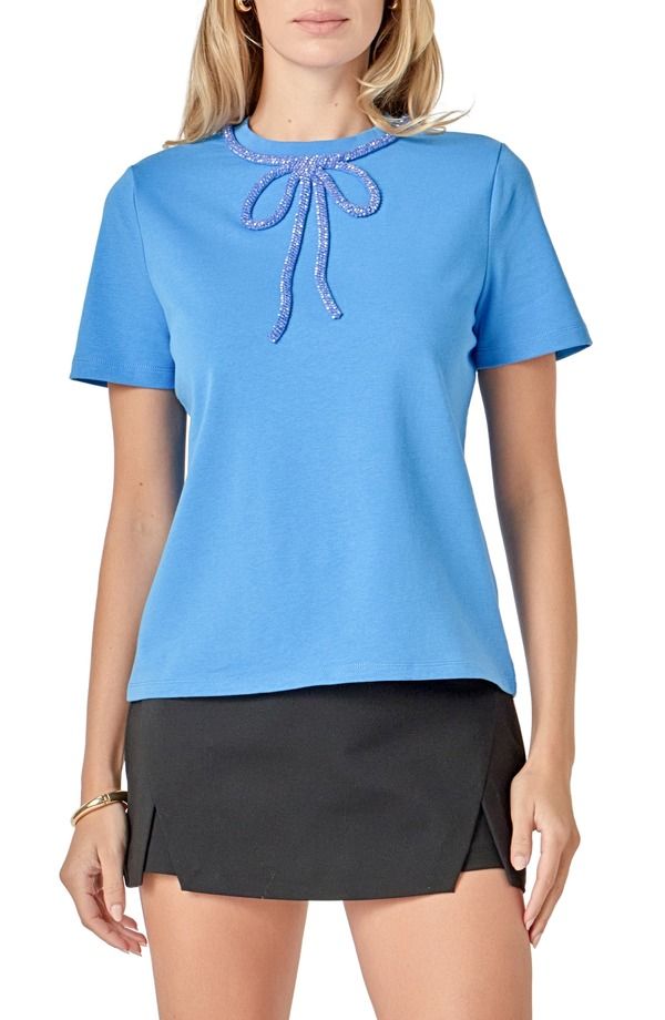 イングリッシュファクトリー レディース トップス Tシャツ コットン English Factory Beaded Bow Cotton TShirt Blue ブルー