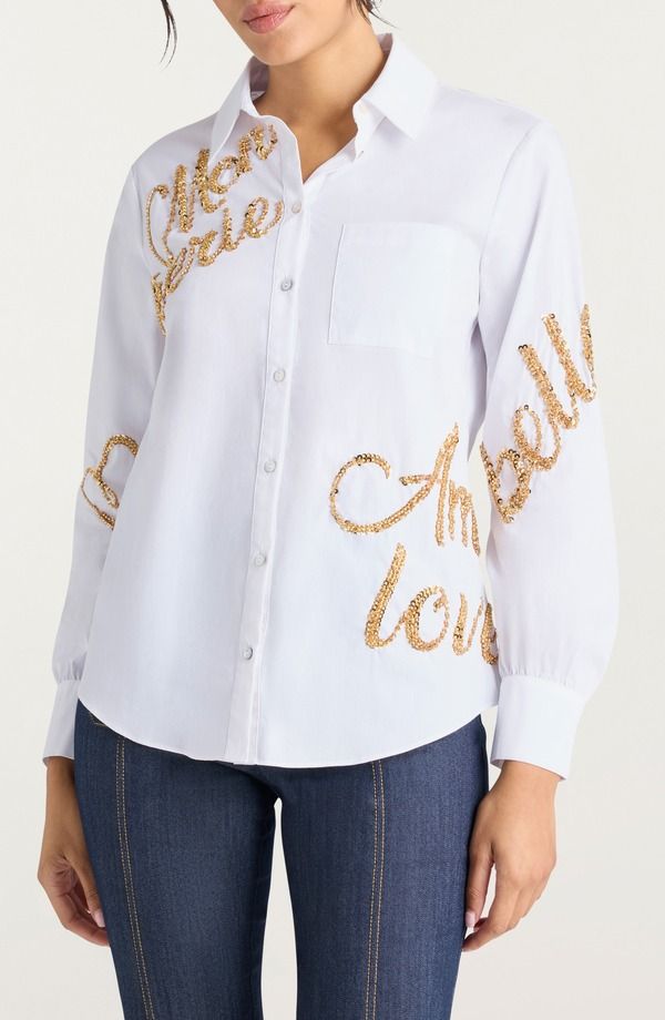 サンク セプト レディース トップス シャツ スパンコール Cinq Sept Love Letter Crushed Sequin ButtonUp Shirt White Gold ホワイト