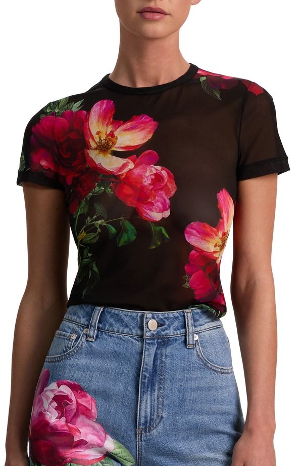 アリス アンド オリビア レディース トップス Tシャツ フラワー柄 メッシュ フラワー Alice Olivia Tess Floral Mesh TShirt Empress Bloom Black ブラック
