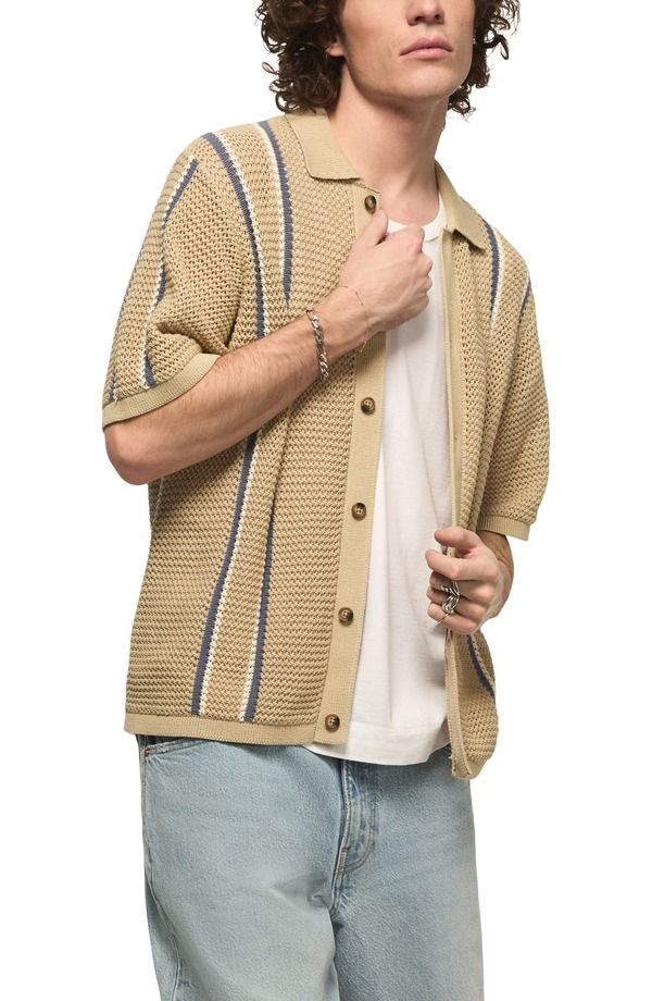 ラッキーブランド メンズ アウター パーカー・スウェット セーター コットン Lucky Brand Stripe Short Sleeve Cotton ButtonUp Sweater Tidal Foam ストライプ
