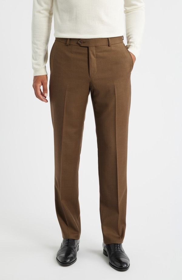 ベール メンズ ボトムス カジュアルパンツ ウール Berle Flat Front Brown Super 120s Wool Dress Pants Tobacco ブラウン