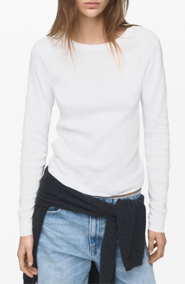 マンゴ レディース トップス Tシャツ コットン MANGO Long Sleeve Cotton Rib TShirt White ホワイト