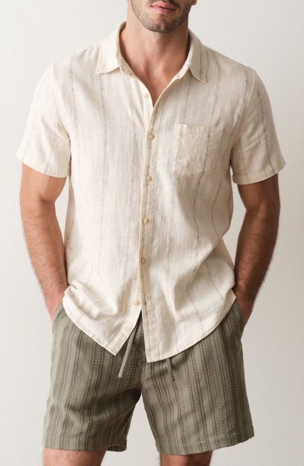 マリーン レイヤー メンズ トップス シャツ Marine Layer Selvage Short Sleeve Button Up Shirt Cream Embroidery クリーム