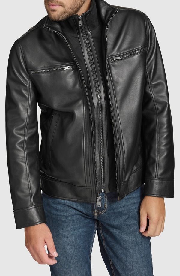 アンドリューマーク メンズ アウター ジャケット・ブルゾン レザー Andrew Marc Leather Moto Jacket with Attached Biblack ブラック