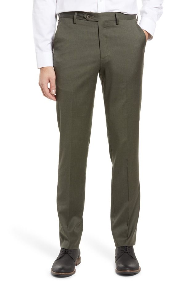 ベール メンズ ボトムス カジュアルパンツ ウール Berle Flat Front Modern Fit Gabardine Stretch Wool Trousers Olive オリーブ