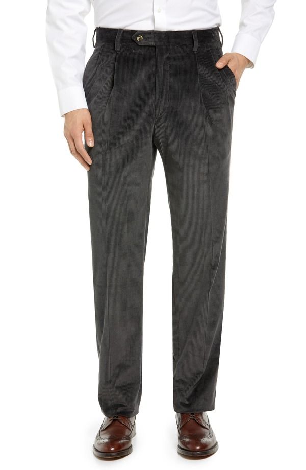 ベール メンズ ボトムス カジュアルパンツ コーデュロイ プリーツ Berle Italian 8Wale Luxury Corduroy Pleated Trousers Charcoal チャコール