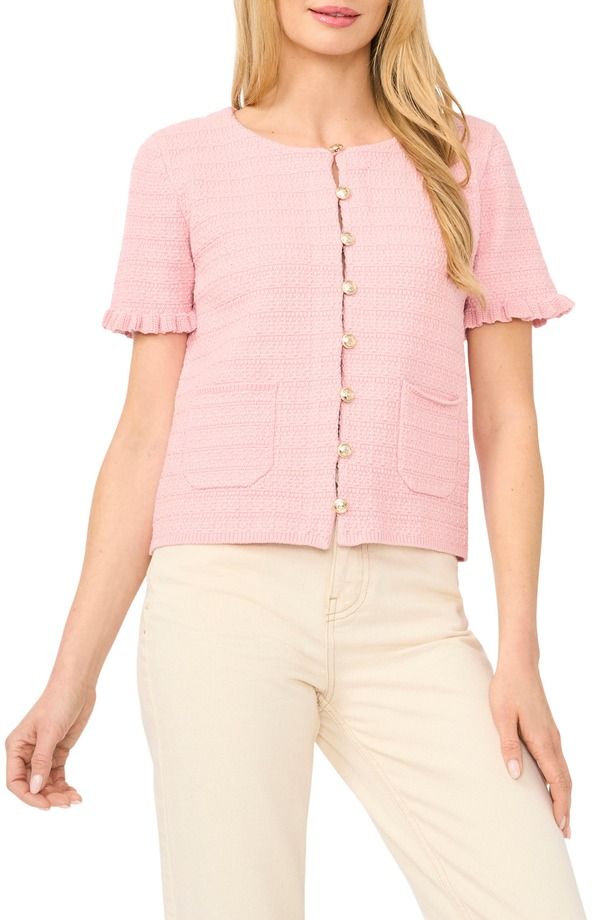 セセ レディース アウター パーカー・スウェット コットン カーディガン CeCe Short Sleeve Cotton Blend Cardigan Almond Blossom