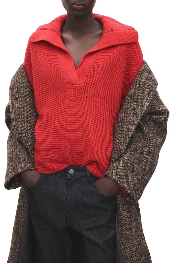 マンゴ レディース アウター パーカー・スウェット ポロシャツ セーター MANGO Manzana Dolman Sleeve Polo Sweatered レッド