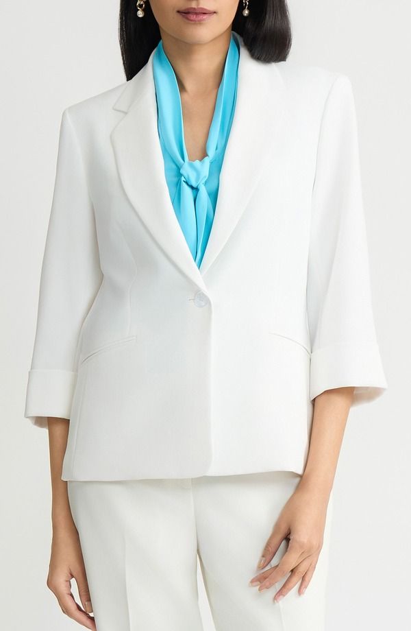 カスパール レディース アウター ジャケット・ブルゾン クレープ ブレザー KASPER Cuff Sleevestretch Crepe OneButton Blazer Lily White ホワイト