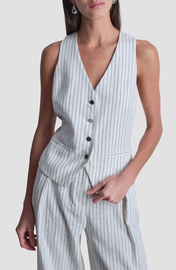 ダナ キャラン ニューヨーク レディース アウター ベスト リネン DKNY Stripe Linen Blend Vest IvoryAdmiral アイボリー