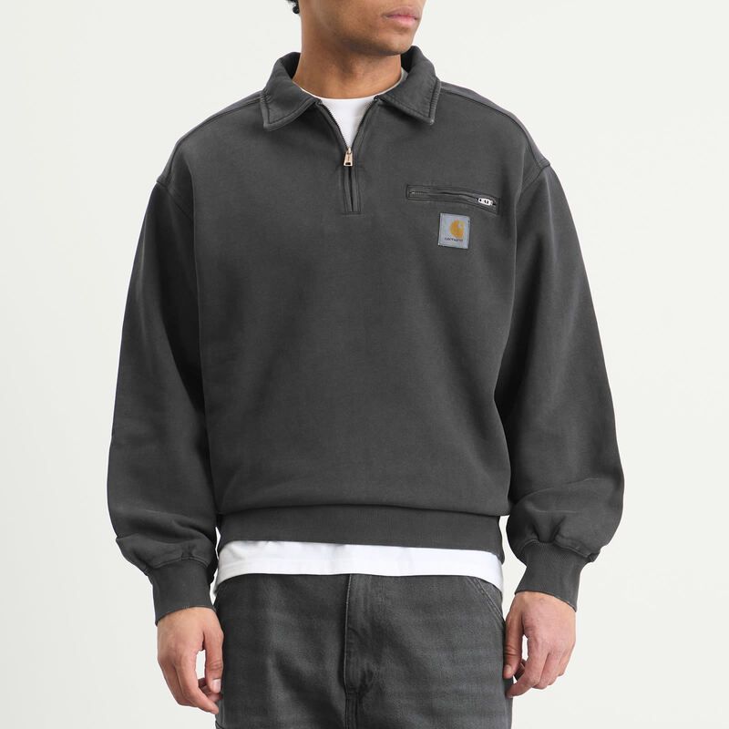 カーハート メンズ アウター パーカー・スウェット ハーフジップ シャツ Carhartt WIP Half Zip Detroit Sweatshirt Black Stone Washed ブラック