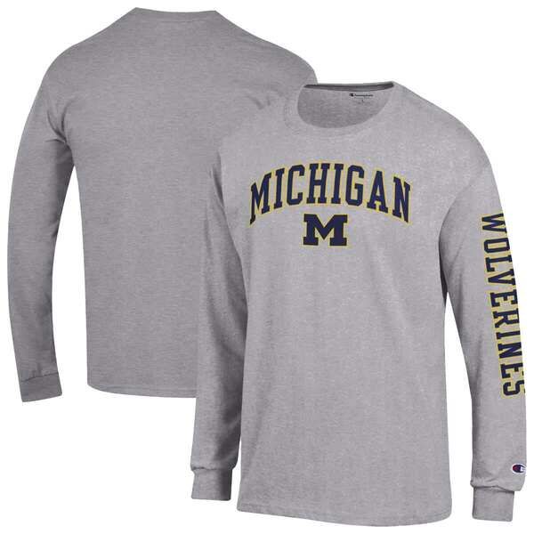 チャンピオン メンズ トップス Tシャツ ロゴ Mens Champion Heather Gray Michigan Wolverines Arch Over Logo 2Hit Long Sleeve TShirt Heather Gray グレー