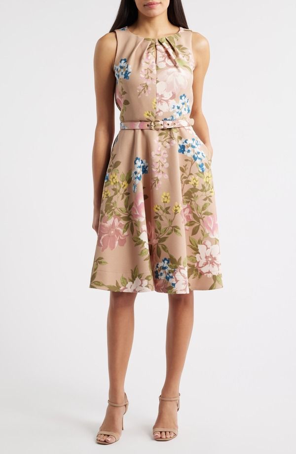 タハリエーエスエル レディース トップス ワンピース フラワー柄 ノースリーブ フラワー Tahari ASL Floral Pleat Neck Sleeveless Fit Flare Dress Blush Toast ブラッシュ