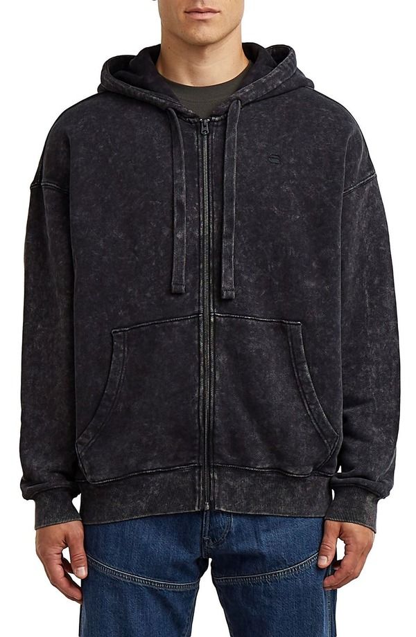 ジースター メンズ アウター パーカー・スウェット GSTAR Washed Loose Fit Zip Hoodie Dark Black Smokey ブラック