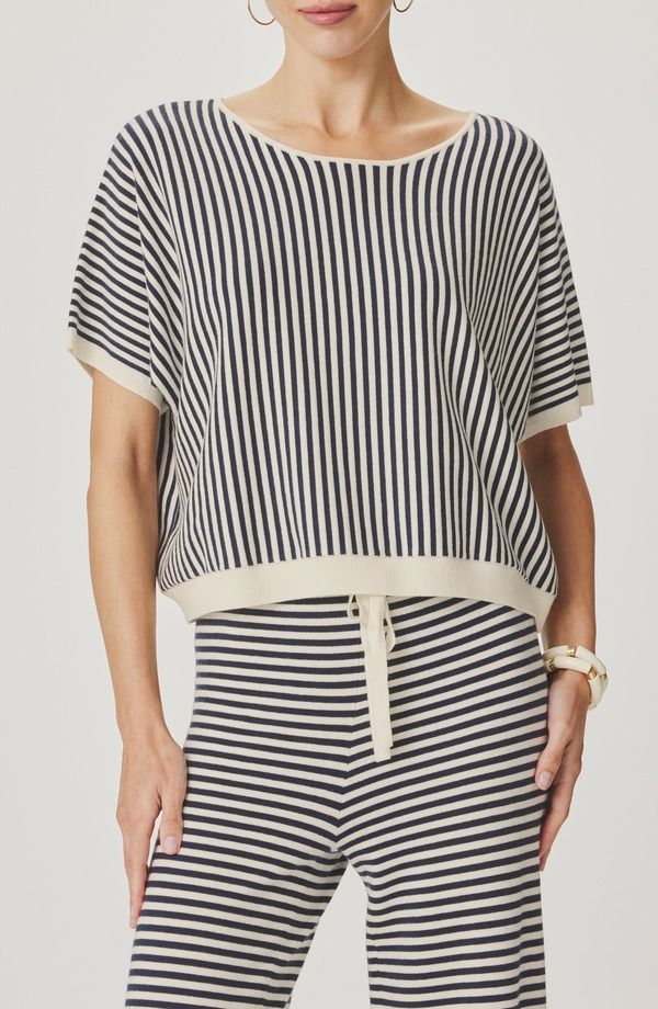 スプレンディット レディース アウター パーカー・スウェット セーター Splendid Christa Stripe Short Sleeve Sweater Mood Indigo Blue White ホワイト