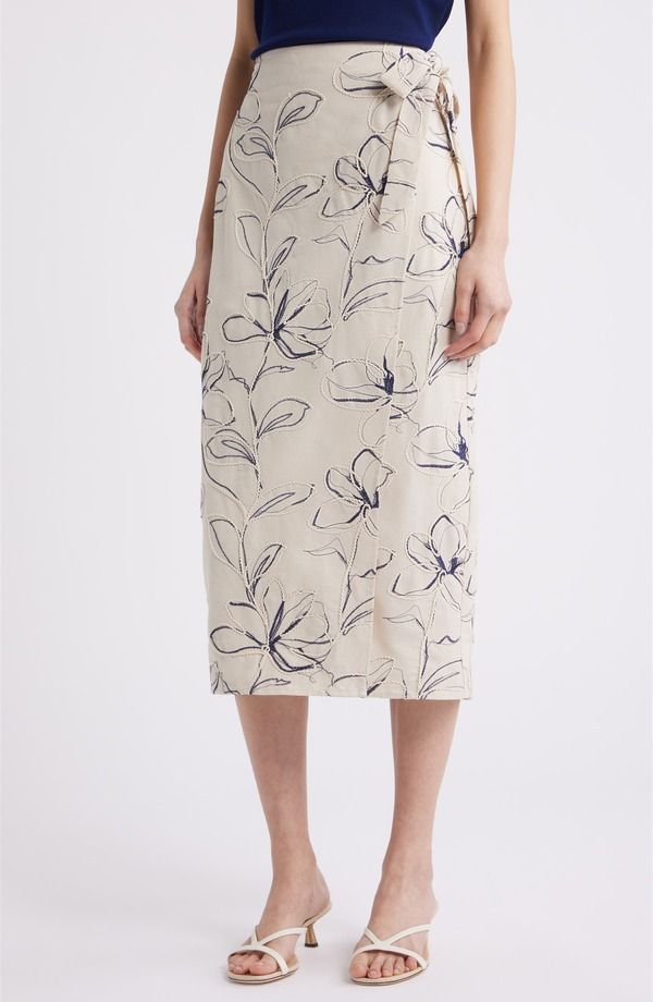 アンクライン レディース ボトムスカート ミディ 刺繍 Anne Klein Embroidered Faux Wrap Midi Skirt Natural Grain Mlt