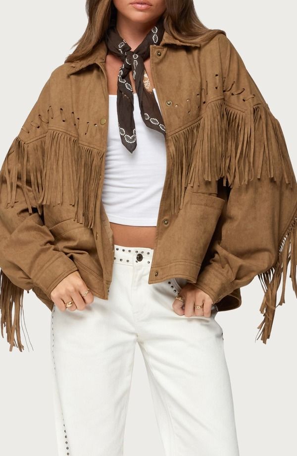 アディクテッド レディース アウター ジャケット・ブルゾン スエード フリンジ EDIKTED Evonka Fringe Faux Suede Jacket Brown ブラウン