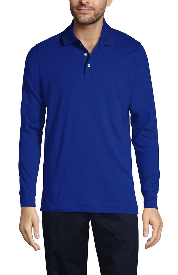 ランズエンド メンズ トップス ポロシャツ Lands End School Uniform Long Sleeve Interlock Polo Shirt Cobalt コバルト